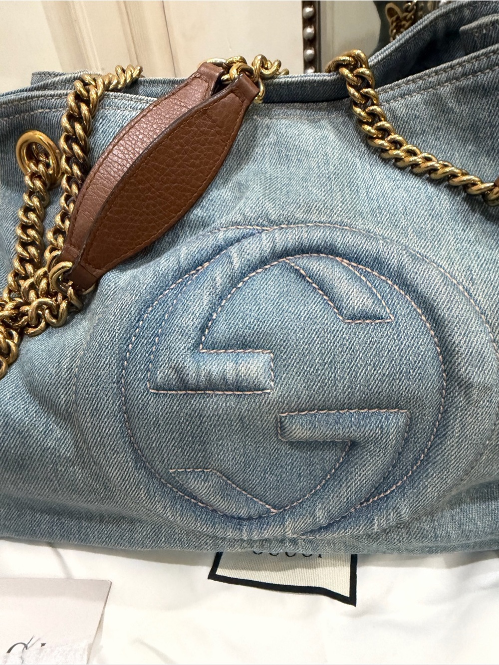 Gucci Light Blue Denim Shoulder Bag with Brown Leather Tassel and Gold Chain - Picture 2 of 7